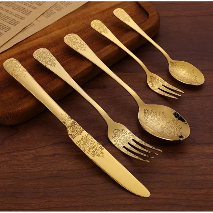 5Pcs Cutlery Set Stainless Steel Tableware Carving Golden Dinnerware
